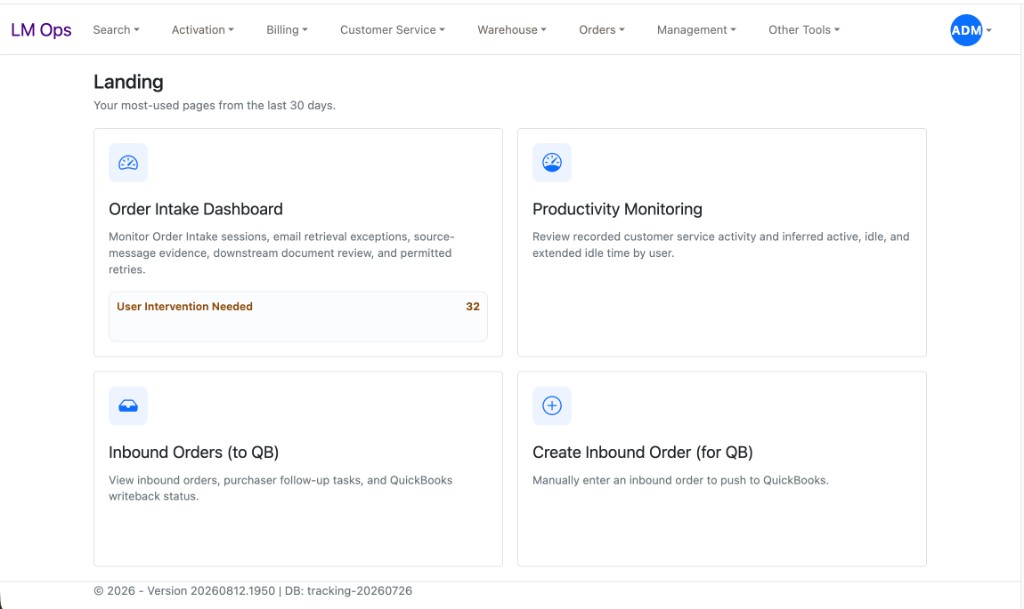 Custom Ai Portal dashboard with order intake and QuickBooks integration